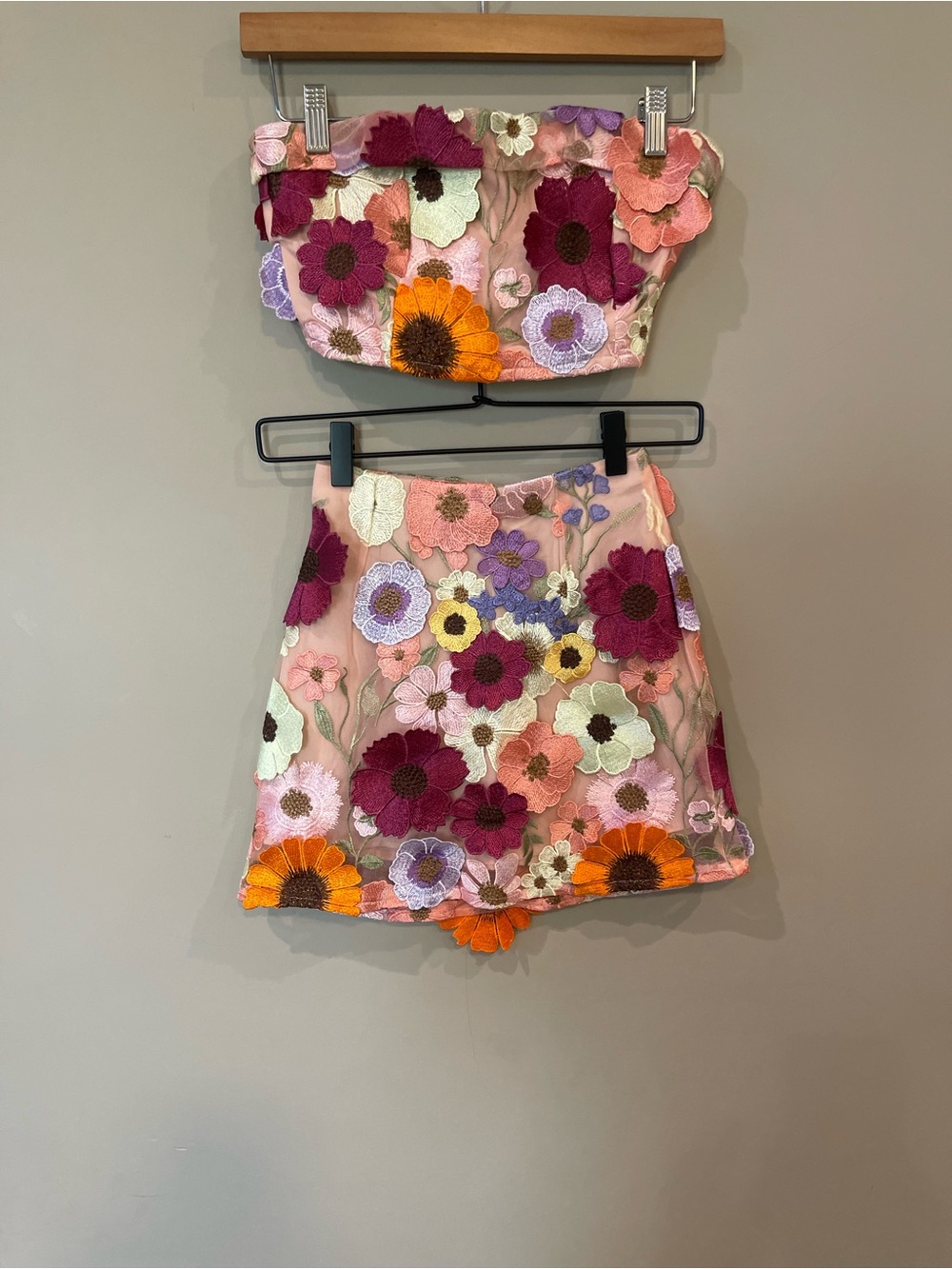 Altar'd State Pink Floral Appliqué Mini Skirt and Matching Strapless Top